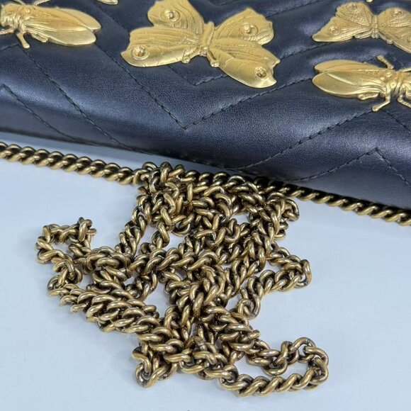 Gucci Black Leather Marmont Shoulder Bag with Gold Bee & Butterfly Embellishment - Picture 8 of 10